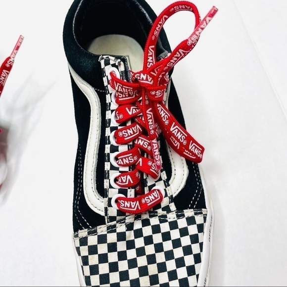 Vans Old Skool Black Suede & Checkerboard Disarray Sneakers with Red Laces - Picture 2 of 14